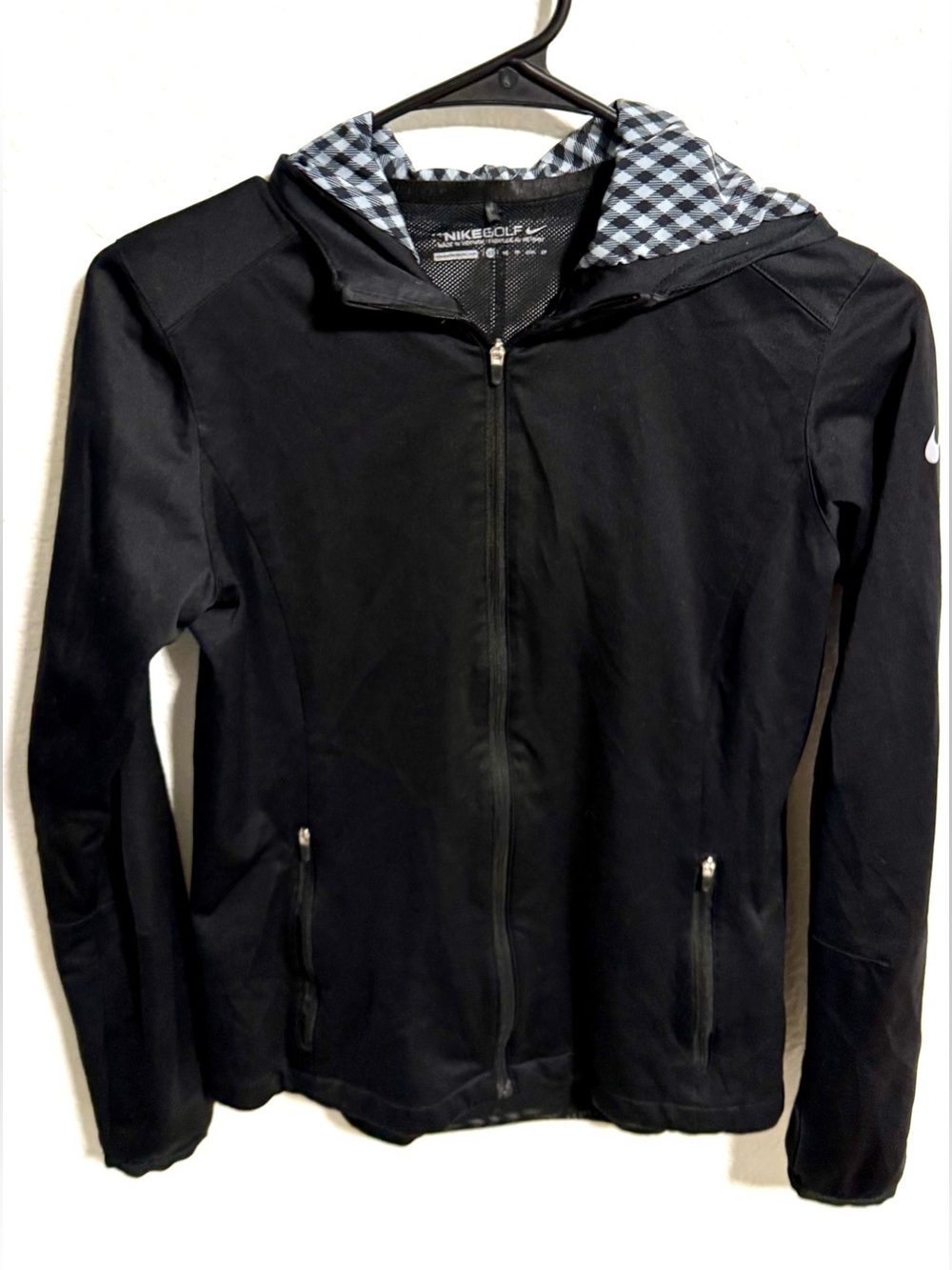 Nike Women’s Black Hooded Golf Jacket With Checkered Hood Size XS